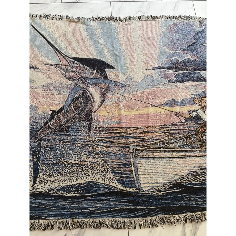 Rare Guy Harvey Marlin Fisherman Woven Throw Blanket Fringe Tapestry Apprx 70x50 - Picture 3 of 5